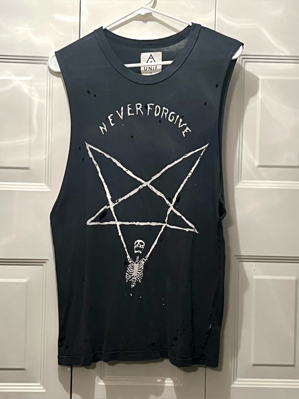 Unif never forgive black skeleton pentagram cutoff t shirt rare vintage XS